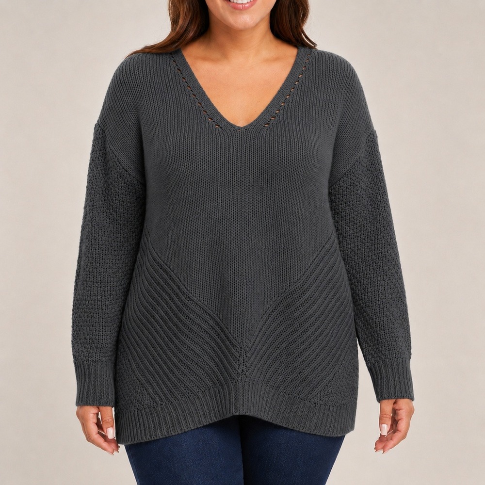 True‎ Craft Womens Charcoal Gray Mixed Stitch Tunic Sweater V Neck Oversized 3X